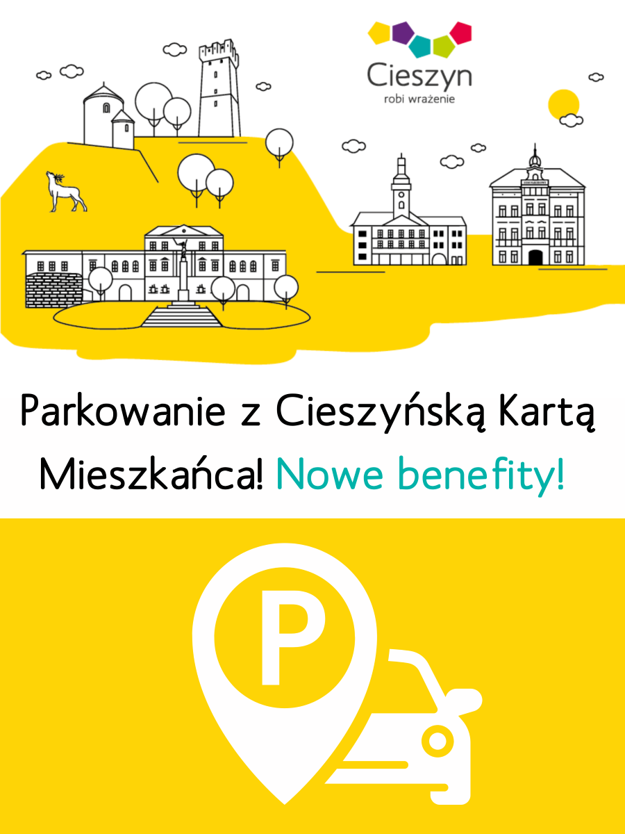 Plakat obrazjuący symbole architektoniczne miasta w grafice rysunkowej oraz samochód ze znakiem lokalizacji.